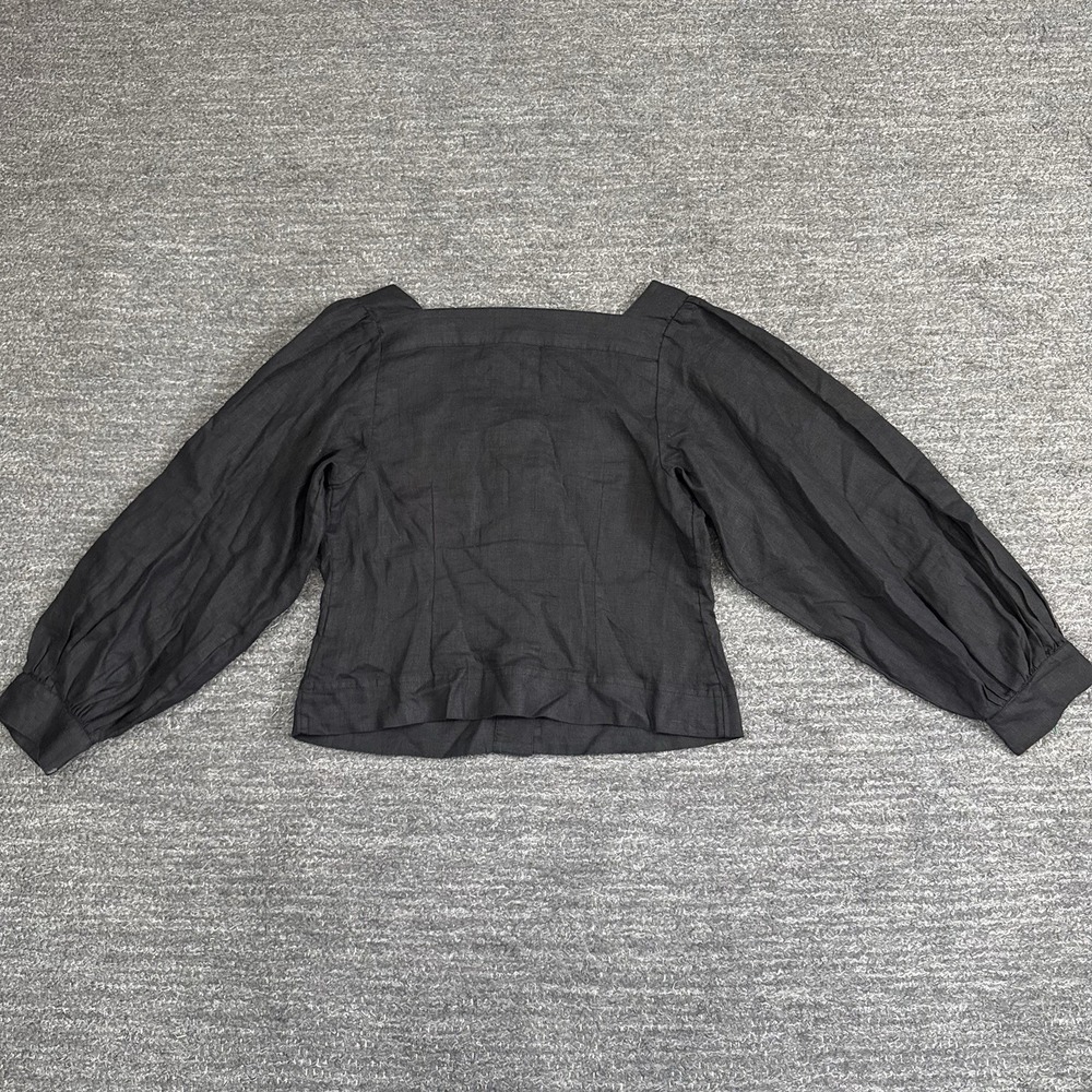 J Crew Shirt Women Small Square Neck Button Front Linen Top Black Peasant Blouse - Picture 2 of 10